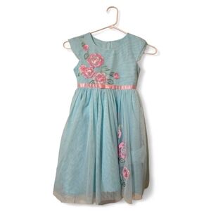Jona Michelle Blue Dress with Pink Floral Embroidery